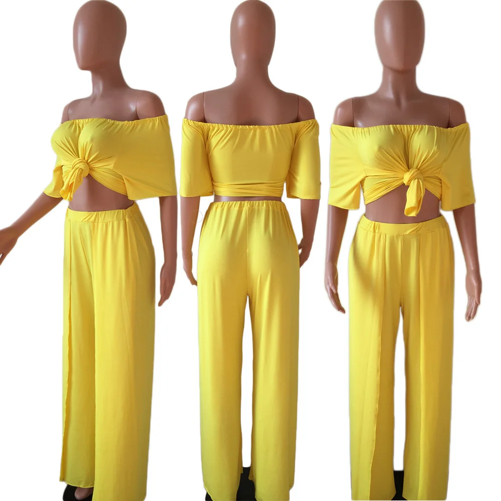 

Sexy Beachwear Two Piece Matching Set Summer Outfits for Women Off Shoulder Loose Crop Top+straight Wide Leg Pant Female Suits