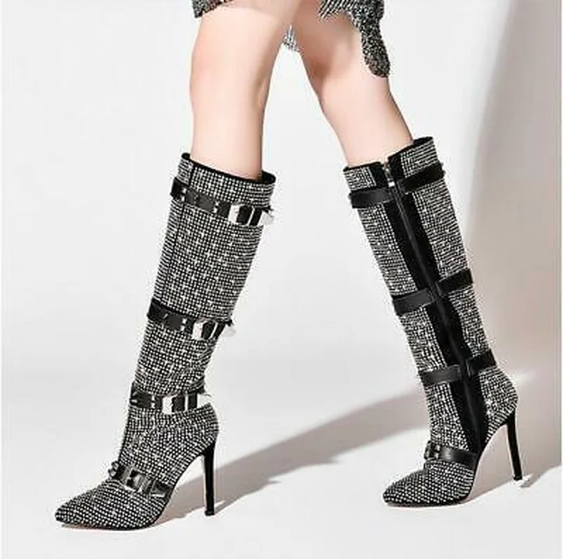 Ladiesn Stilettos High Heel Ankle/knee Thigh Boots Studded Rhinestones Shoes Crystal Womens Genuine Leather Belt Buckle Sz | Обувь
