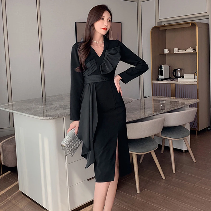 

Женское винтажное платье-карандаш с V-образным вырезом и длинным рукавом