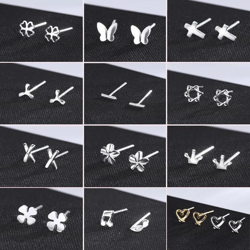 

S999 Pure Silver Stud Earrings High-End Simple Female Small Stars And Moon Ear Stick Pierced Anti-Blocking Classic Party Jewelry