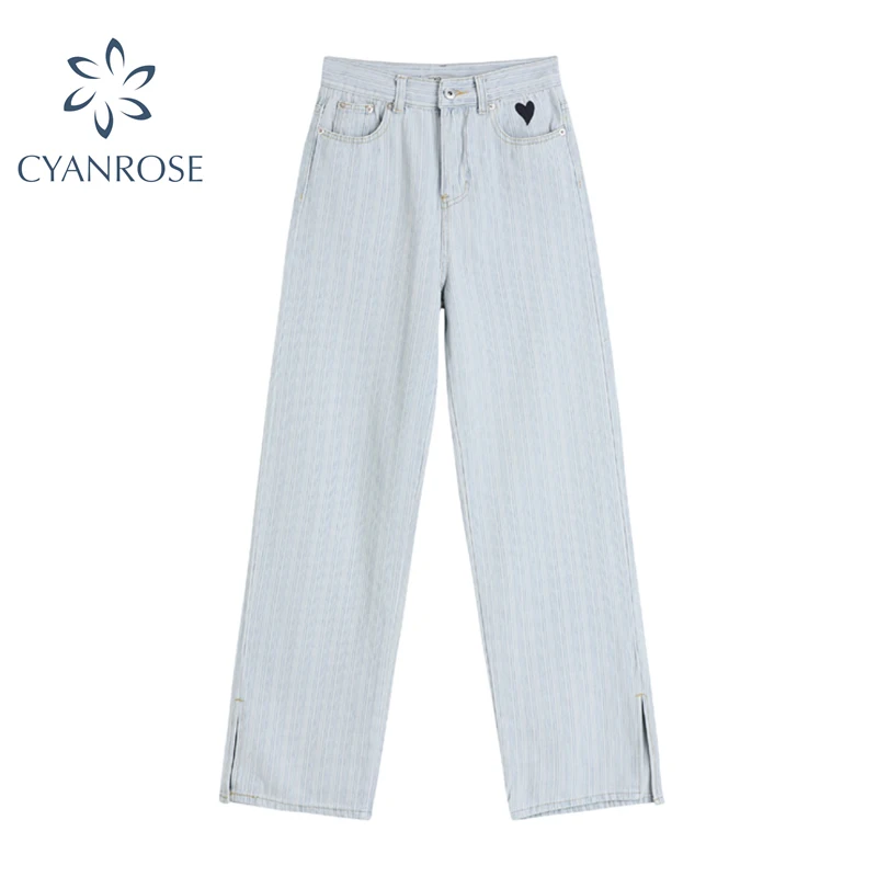 

Женские прямые джинсы в полоску, с разрезом и высокой талией, повседневные синие брюки из денима с широкими штанинами в уличном стиле, осень ...