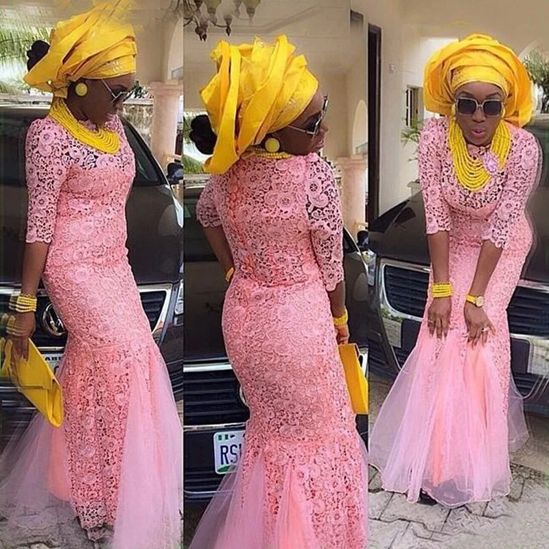 

Pink Lace African Evening Mermaid Half Sleeve Elegant Long Prom Vestido de Festa Longo Abendkleider mother of the bride dresses