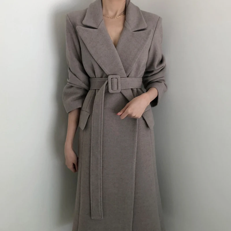 Женское Элегантное зимнее шерстяное пальто длинное Бандажное кардиган