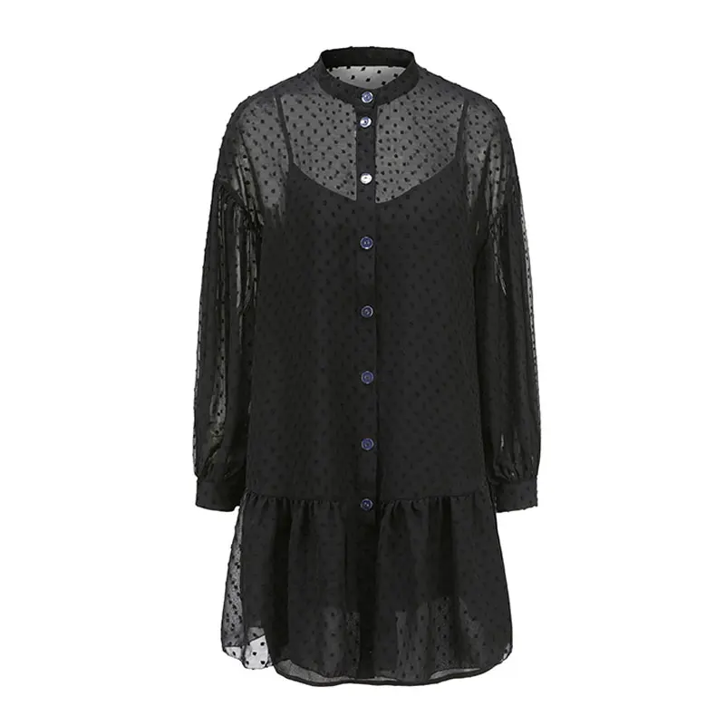 

Women Lantern Sleeve Turn-Down Collar Solid Dress Spring Autumn Ruffles Button Shirt Streetwear Loose Mini Woman Party Dresses