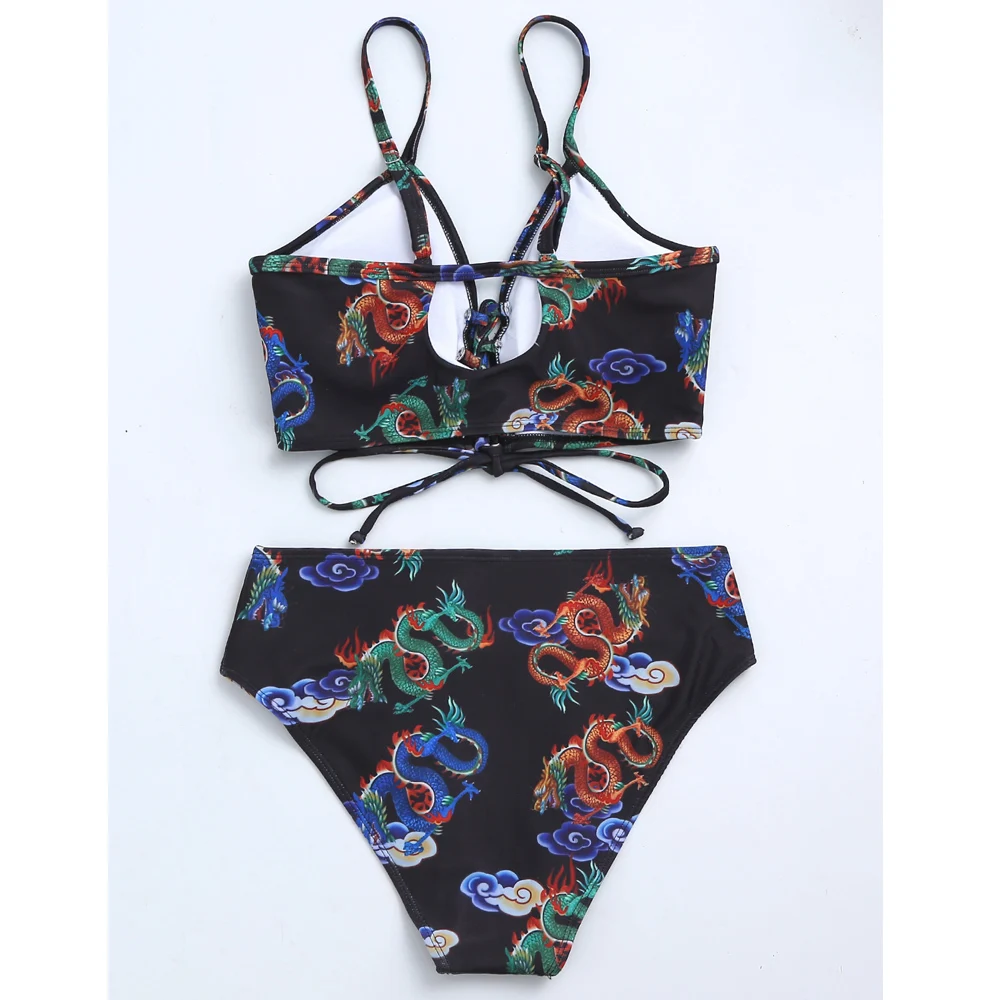 Vigorshely Dragon Print Strapped Swimwear Women Sexy High Waist Bikini Set 2022 Push Up Cross Tied Swimsuit Summer Bathing Suit |