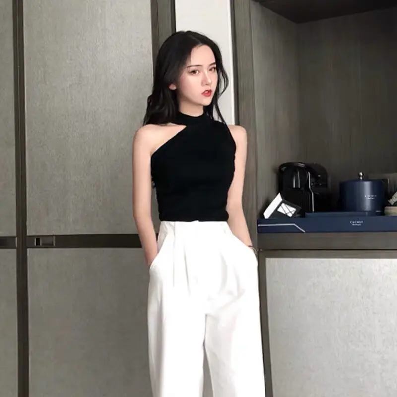 

Women's Korean Style Sweater Low-shoulder Hanging Neck Shirt Sling Sexy Off-shoulder Sleeveless Vest Knitted Pullovers Top