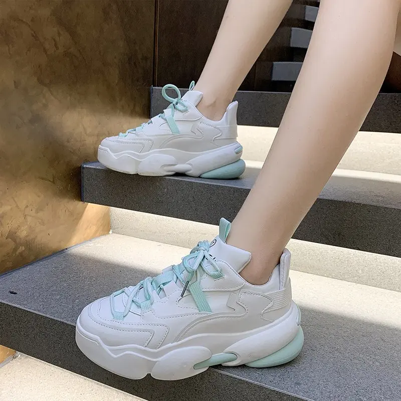 

2021 Women's Shoes Fashion White Platform Sneakers Thick Sole Lace Up Dad Shoes Spring Chunky Sneakers Female Vulcanize Shoes