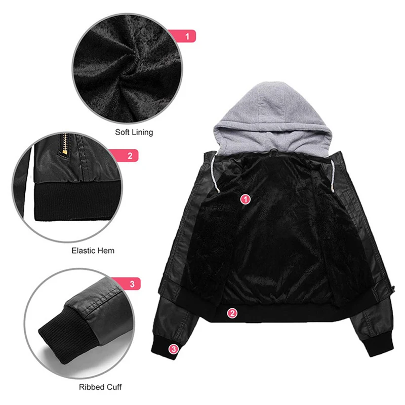 

Women Hoodies Winter Autumn Motorcycle Jacket Gothic Faux Leather Hoodies 2021 Coat Fleece Jackets Faux Leather PU Jacket