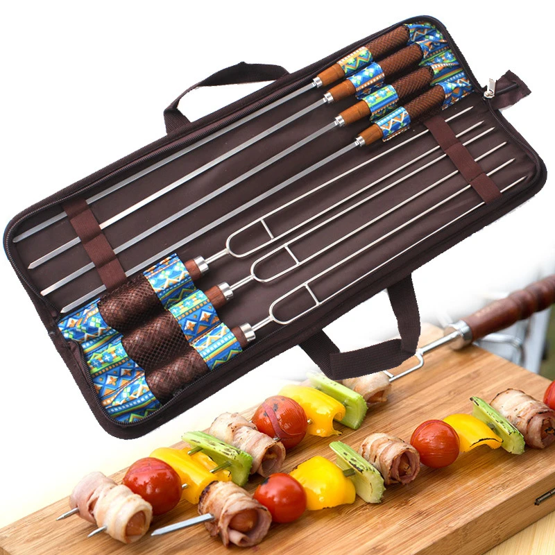 

Wooden Handle Grilling Kebob Skewers Stainless Steel BBQ Grill Skewers Set Metal Barbecue Skewer in Storage Bag BBQ Accessories