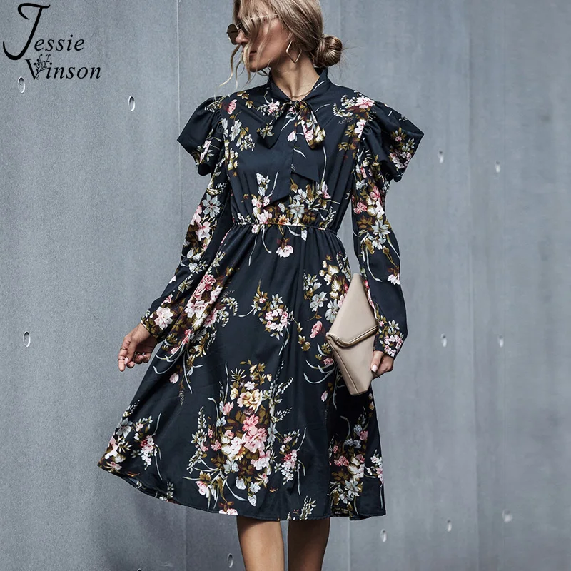 

Jessie Vinson Elegant Bow Neck Midi Dress Women Long Puff Sleeve Floral Print Tunic Black Dress Office Women's Dress Vestidos