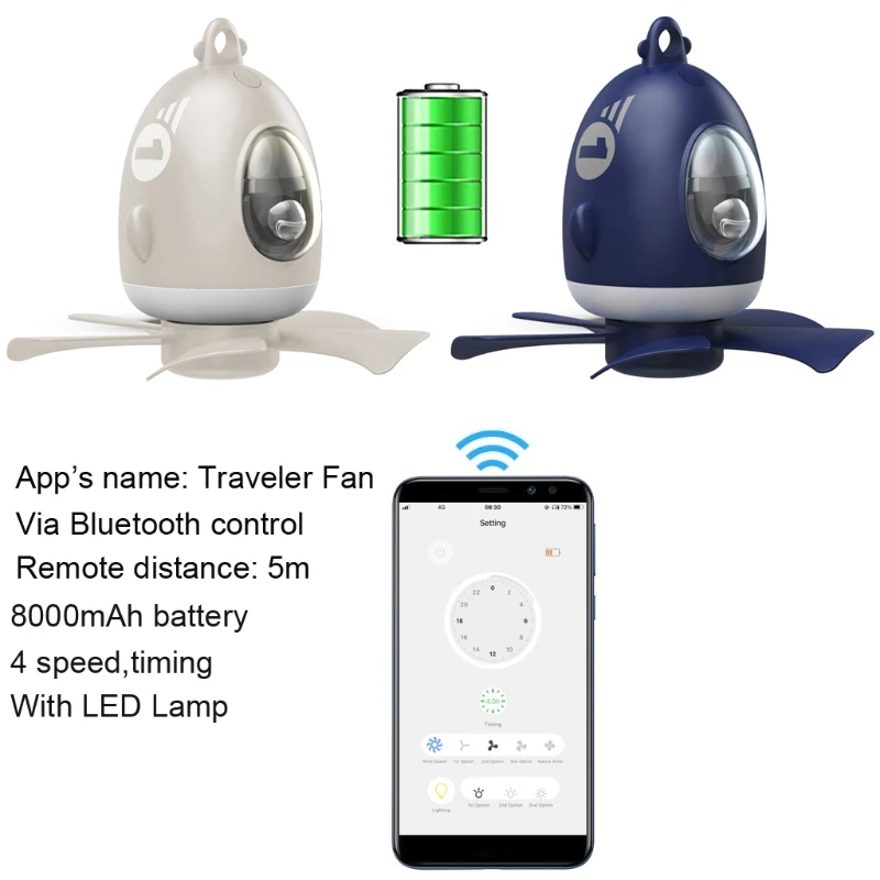 

8000mAh App Remote Control Timing Camping Fan 4 Gears Ceiling Fan with LED Lamp