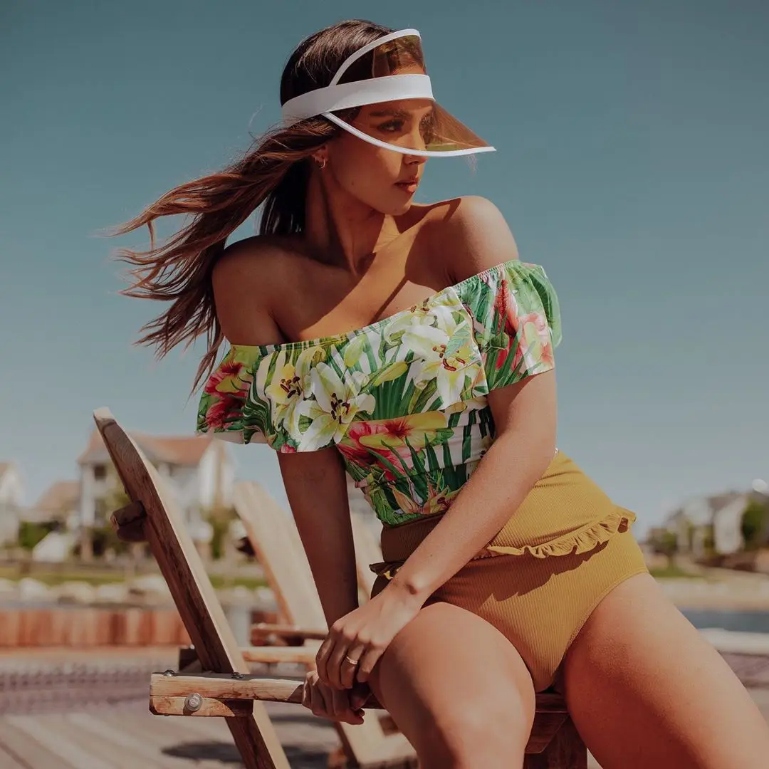 

2021 sexy one shoulder swimsuit with ruffle and high waist split printed swimsuit