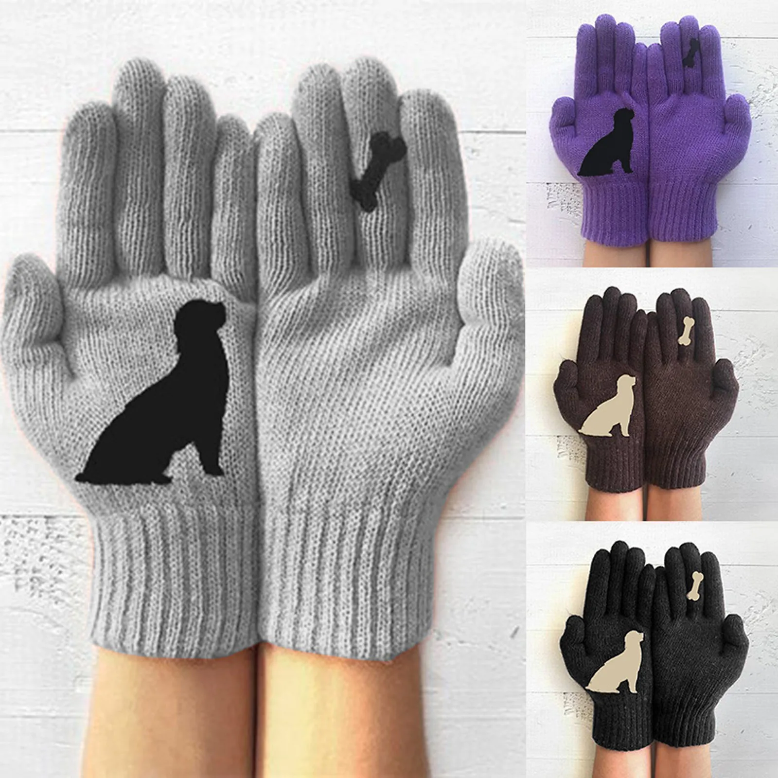 

2020 Funny Dog Bone Print Full Finger Wrist Gloves Women Girls Winter Warm Knitted Gloves Cheap