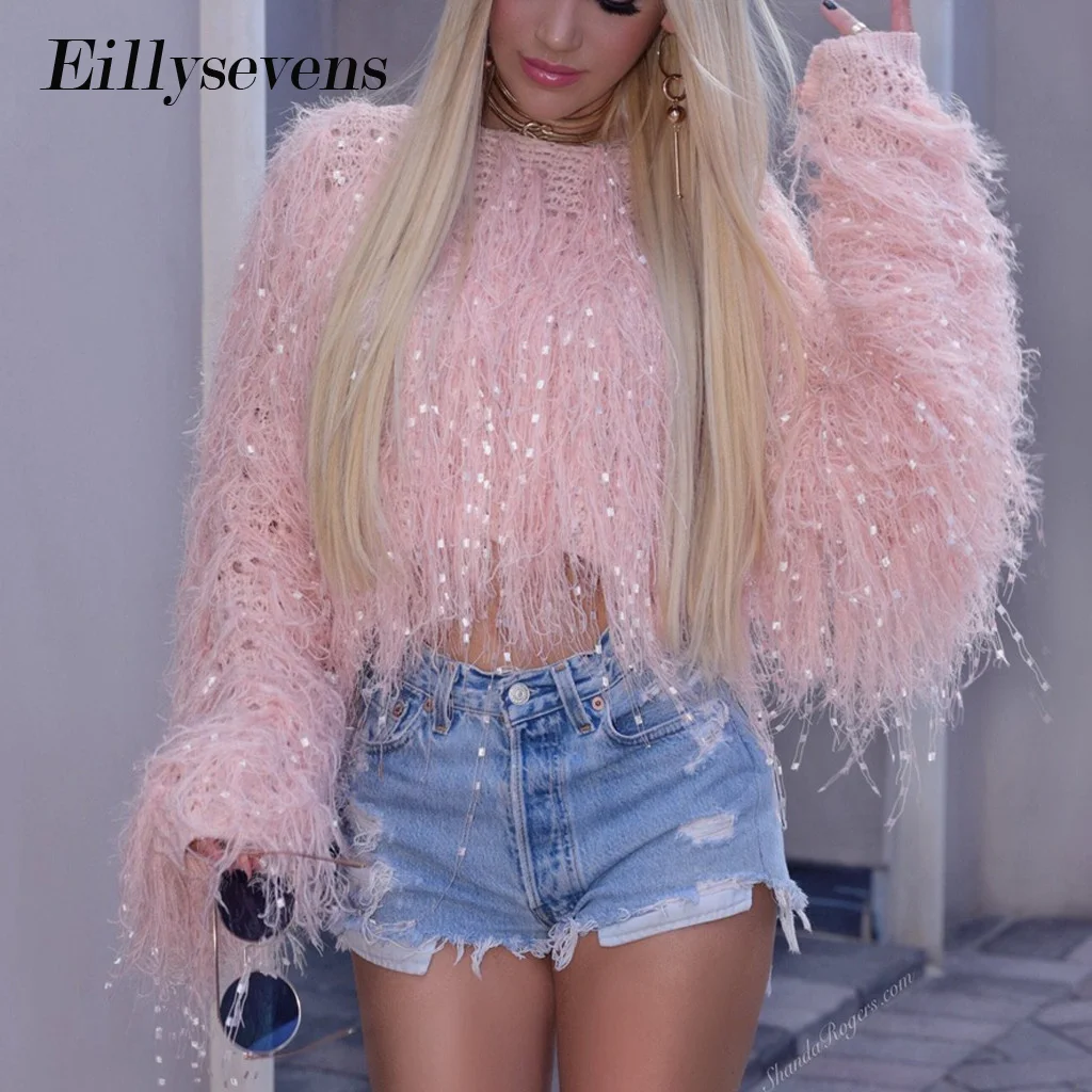 

Neon Fringe Female Crop Oversized Sweater Knitted Pullover Lady Fashion Clothes Women Winter Tops Tassel Jumper Sexy Streetwear