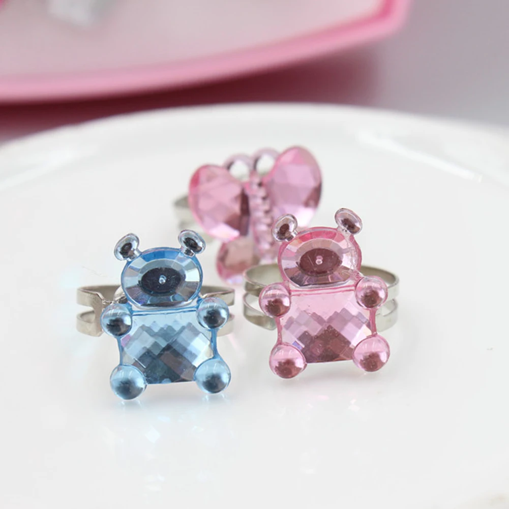 

24/36Pcs Girls Flower Butterfly Rhinestone Pretend Play Adjustable Rings Jewelry