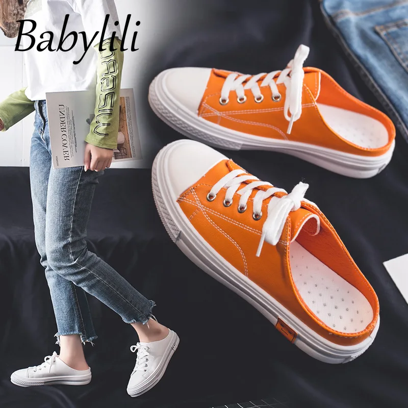 Женские парусиновые туфли белые полубосоножки на плоской подошве без застежки