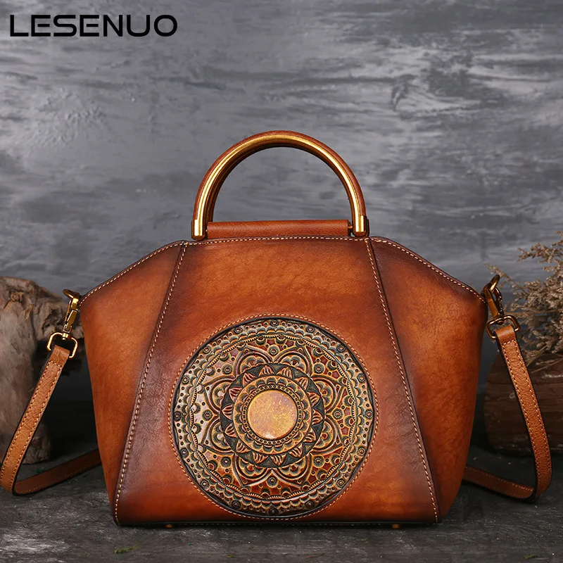 

LESENUO Women's Vintage Brown Bag Cow Leather Luxury Designer Handbag 2020 Fashion Brand Handbags Print Shoulder Bags