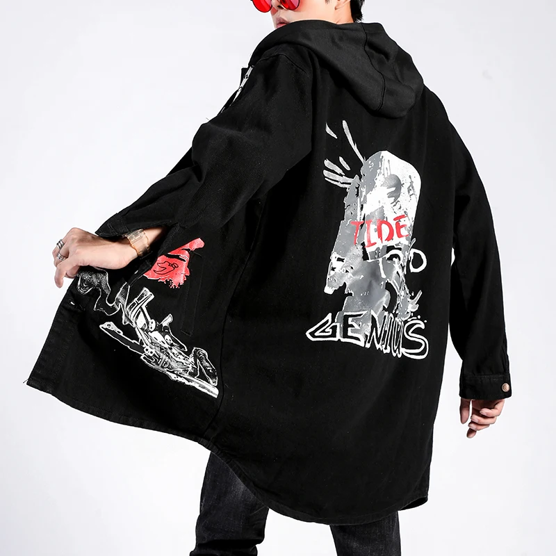 Длинная Мужская куртка с принтом мода 2019 Весенняя ветровка Harajuku пальто мужская