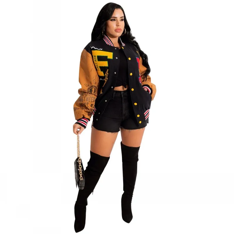 

Winter Bomber Jacket Women Print Full Sleeve Stand Collar Coats 2021 Fashion Patchwork Loose Casual Streetwear Baseball Jackets