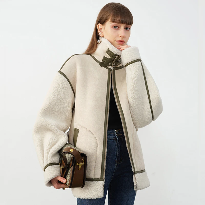 

Winter Warm Thick Parkes Stand Collar Faux Lamb Loose Leather Coat Lambs Wool Splicing PU Leather Jacket Women Fur Biker Jacket