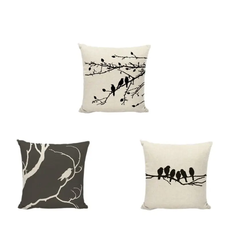 

Vintage Ink Painting Cushions Black Birdcage Bird In The Tree Pattern Home Decor Bedroom Farmhouse Sofa Seat Square Pillow Cases