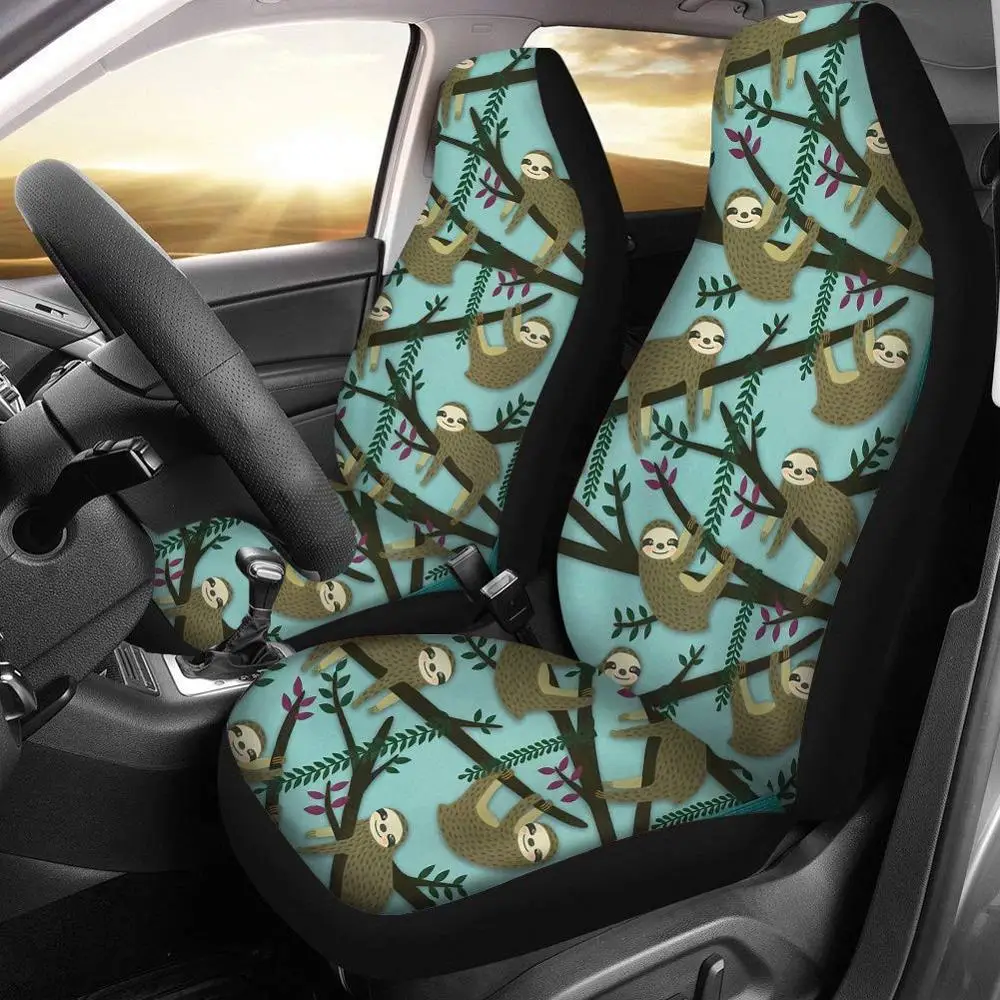 

INSTANTARTS Cute Cartoon Sloth Print Seat Covers Car Accessories Size Universal Fit for Most Cars SUV Truck Front Seat Covers