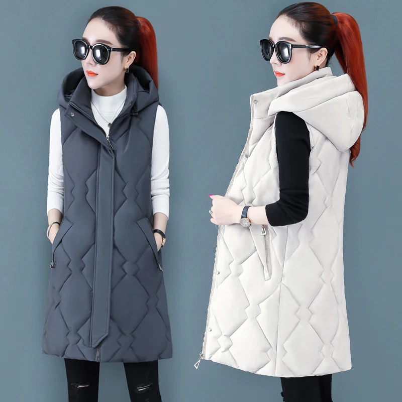 

Autumn Winter Cotton Vest Women Casual Waistcoat Female Sleeveless Long Vest Jacket Slim Fit Warm Hooded Coat 5XL 2226