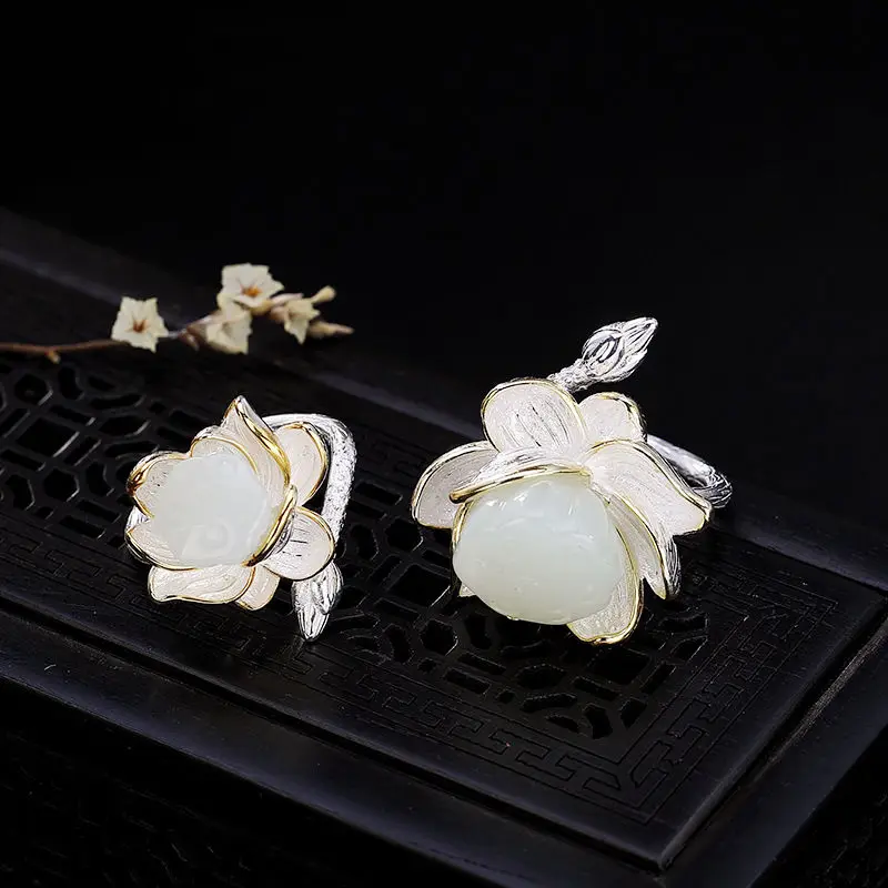

"Dan" Lotus Rhyme Noble Temperament S925 Sterling Silver Hetian Jade Lotus Ring Women's Retro Elegant Lotus Seedpod Open Ring