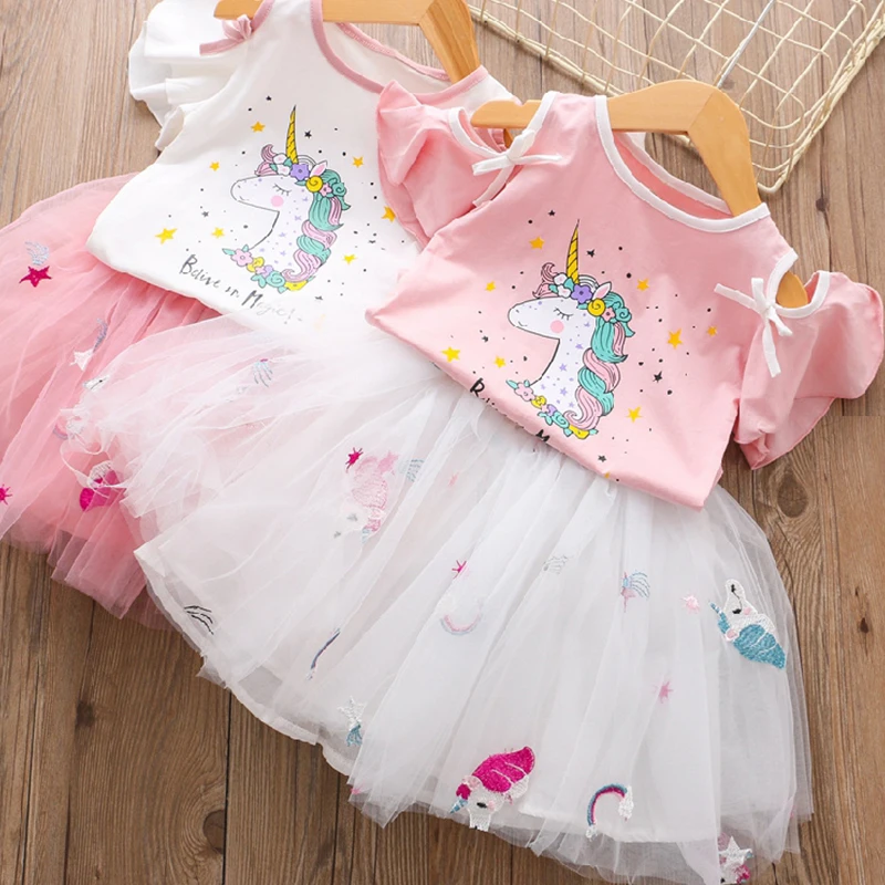 

Girls Dress 2020 New Brand Summer Princess Girl Bling Star Flamingo Dress 2pcs Set Children Clothing Unicorn Dresses