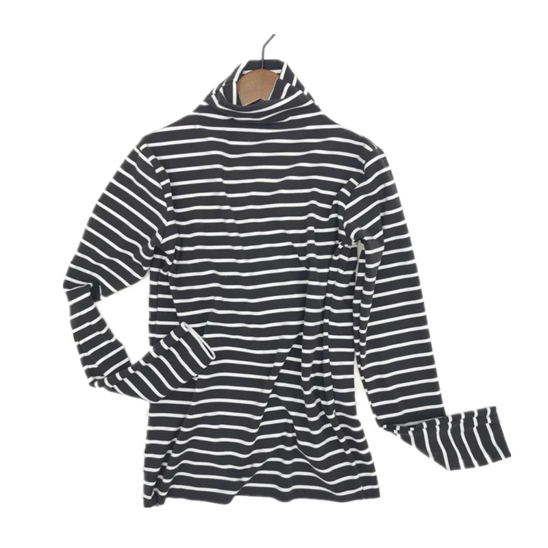 

Women's Korean Chic Fleece T-shirts Autumn Winter Turtleneck Striped Hit Colors Slim Style All Match Elastic Warm Basic Tees