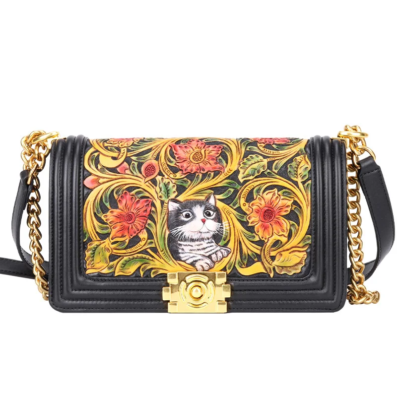 

Handmade leather carving small fragrant spicy mother bag women's bag new ethnic style cat messenger bag single shoulder bag