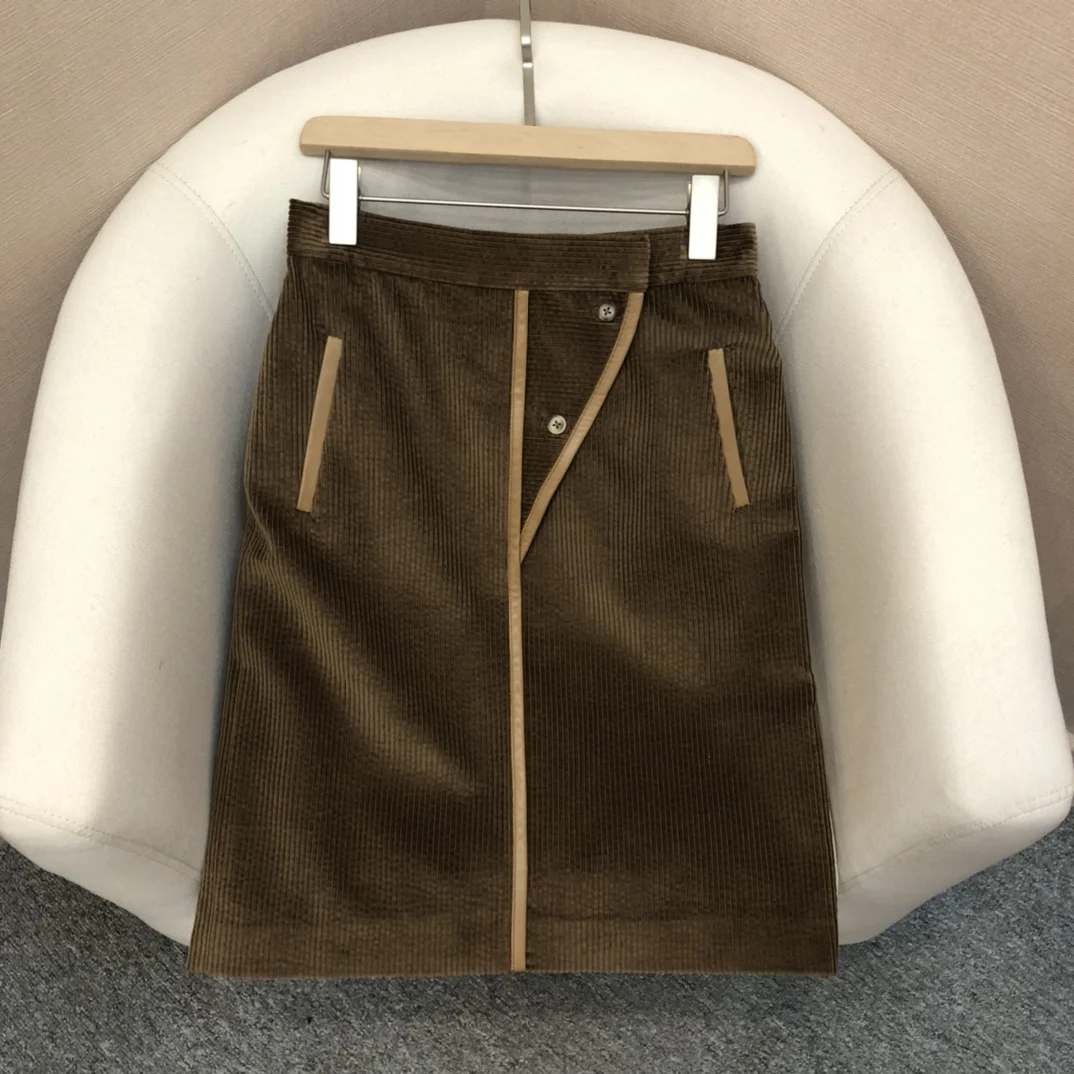 

ladies 2021 new fashion sexy contrast color leather edging corduroy skirt 0104