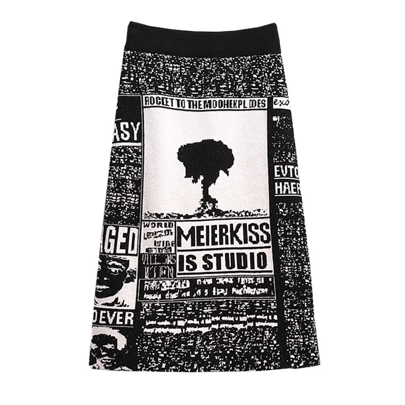 

jacquard knitted skirt for women's autumn and winter new mid length high waist slim wrap hip skirt split wool skirt
