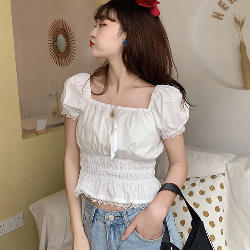 

Women Sexy Chiffon Shirt Summer Korean Women Blouses Plaid Square Collar Puff Sleeve All-Match Short-Sleeved Shirt Tops New
