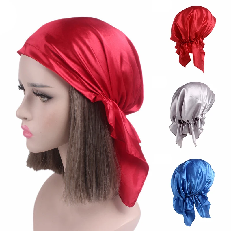 

New Satin Sleep Cap Solid Streamers Bow Turban Hat Silk Bandana Long Tail Chemo Cap Muslim Hijab Head Scarf Wrap Headwear