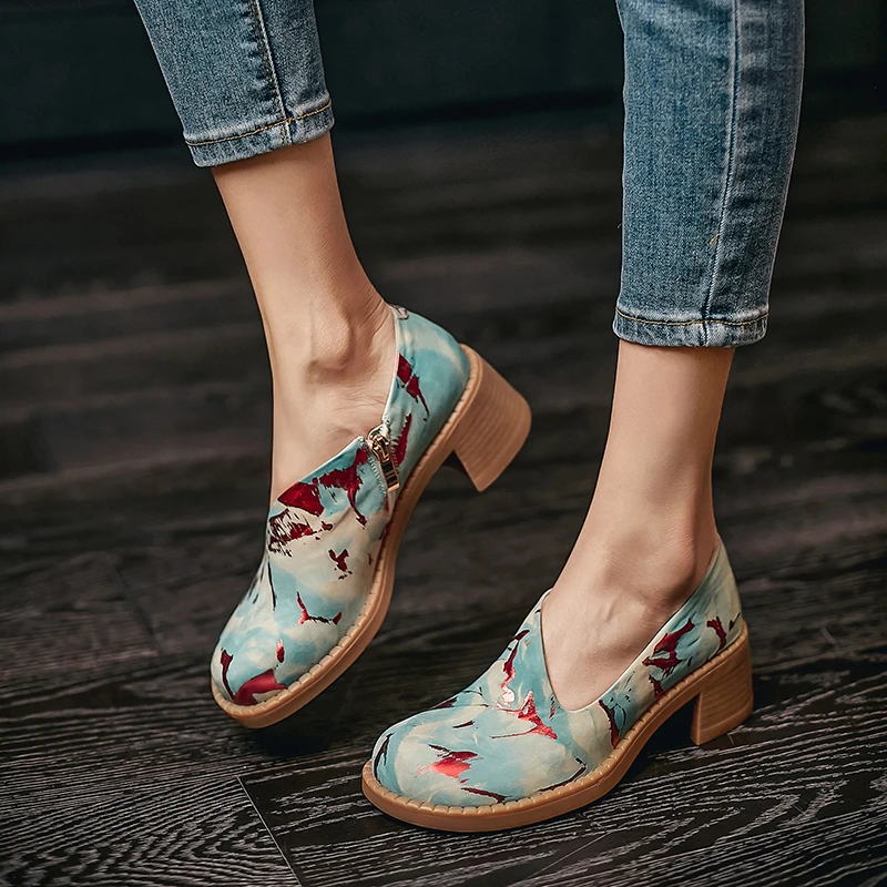 

Drestrive Women Pumps Cow Leather Round Toe Shallow 2021 Summer Thick High Heel Shoes Mixed Colors White Casual Shoes