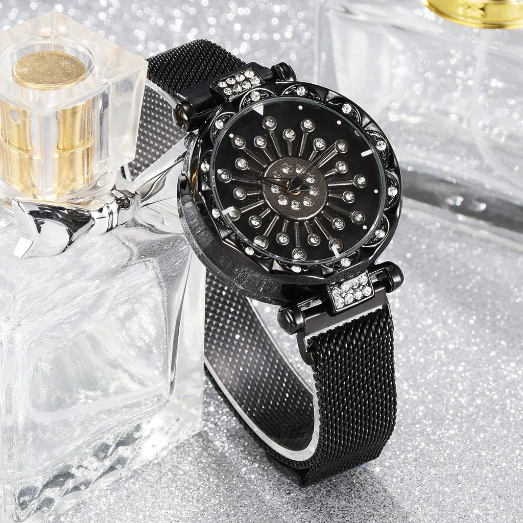 

2021 New Top Brand Rosy Gold 360 degree rotation Women Mesh Magnet Buckle Starry Sky Watch Women Quartz Watches Relogio Feminino