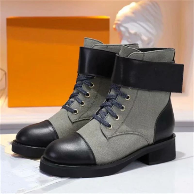 

Boots Lace Up Bota Mujer Genuine Leather Round Toe Female Shoes Mixed Colors Bottes Luxury Brand Designer Chaussure Femme