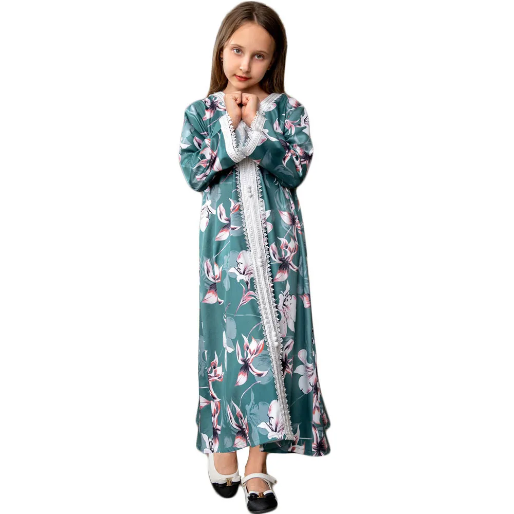 Длинное платье в этническом стиле с цветочным принтом, мусульманское платье с длинным рукавом для девочек, детский кафтан, арабский, турецк...