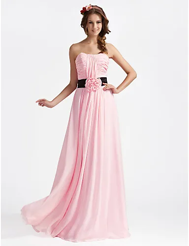 

Floor Length Custorme Chiffon Evening Dresss Sleeveless None Train Strapless Pink A Line Chiffon Prom Party Dress