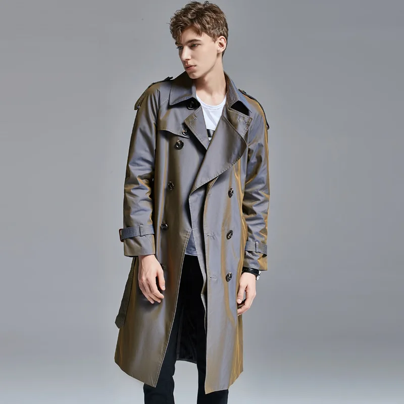 

Young Man Fashion Color changing Unique windbreaker knee length men Trench coat 2022 spring autumn European Classic Overcoat