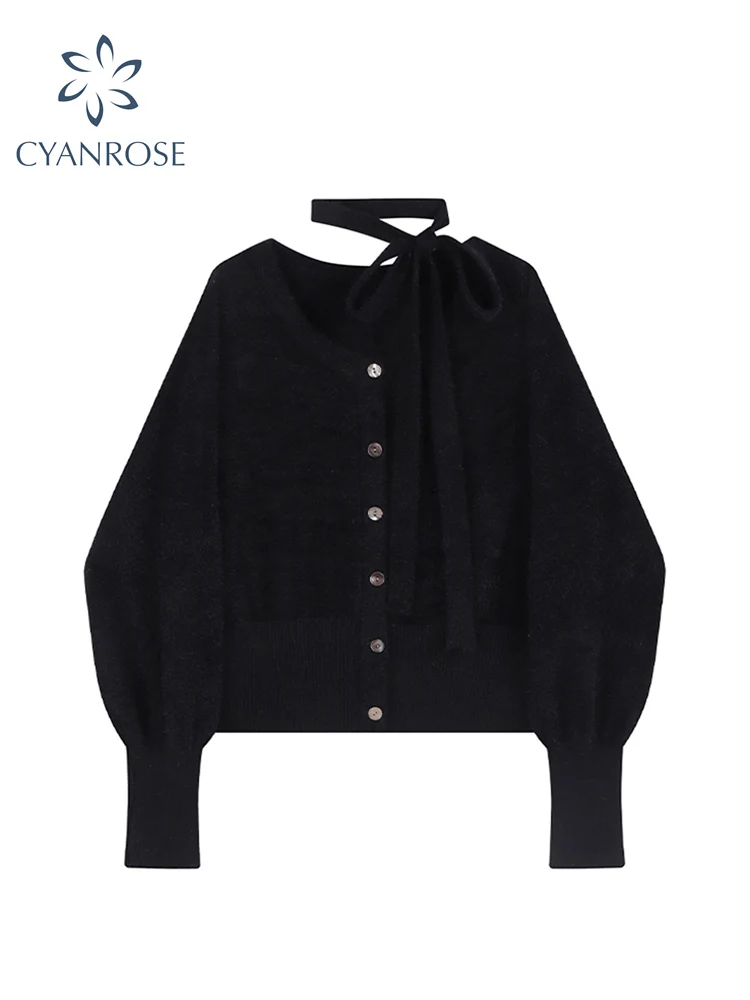 

Spring Vintage Black Sweaters For Women Single Breasted Loose O-Neck Korean Sweet Long Sleeve Female Knit Cardigans Coat Tops