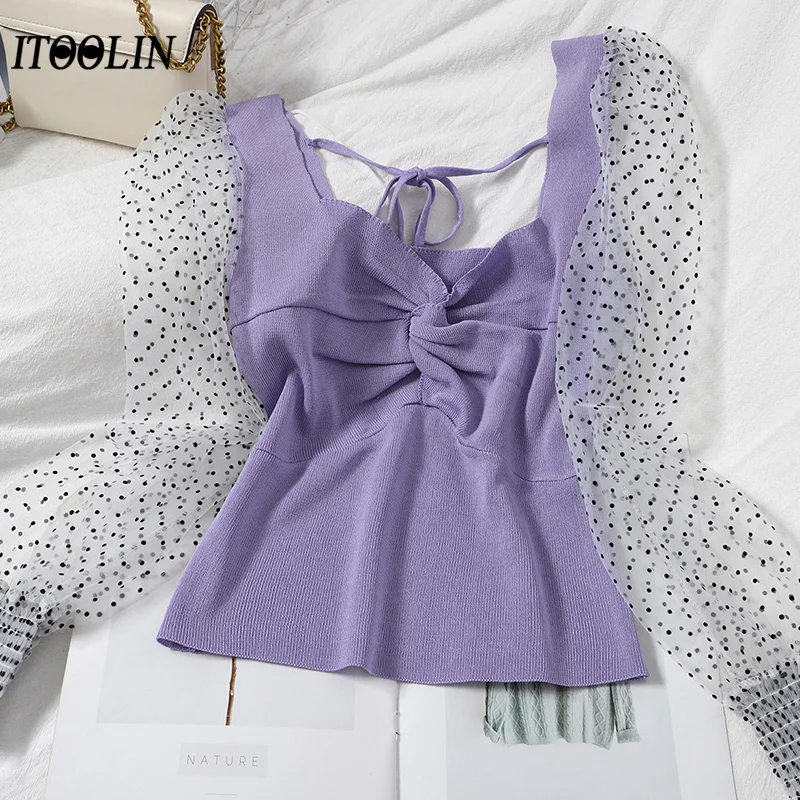 

ITOOLIN Spring 2021 Women Shirt Patchwork Puff Sleeve Top Tulle Polka Dot Blouse Ruffle Mujer Square Collar Korean Knitwear