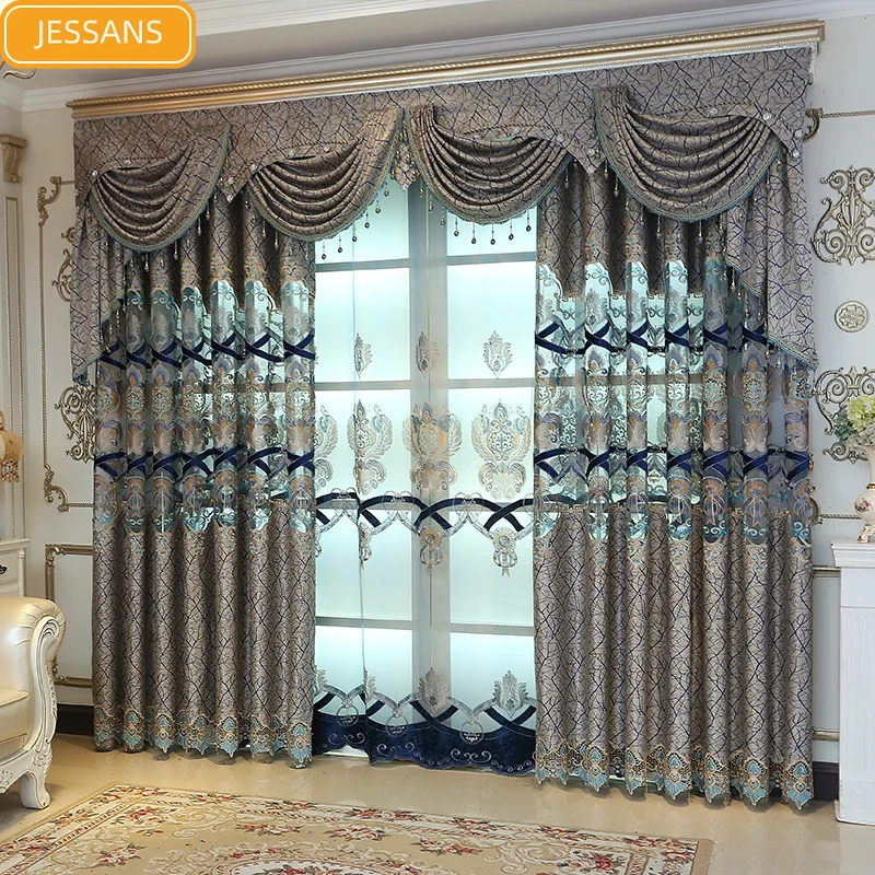 

European High grade Water Soluble Curtains for Living Room Bottom Jacquard Stitching Blue Peacock Embroidered Sheer Curtain