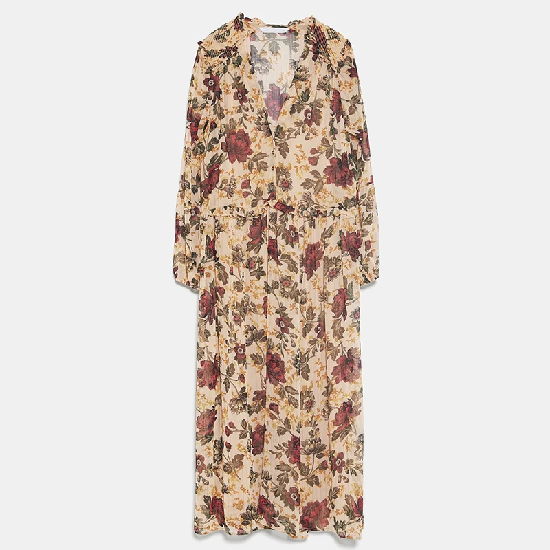 Модное осенне-летнее платье Boho ZA с принтом женское элегантное свободное платье с бантом вечерние подарки дружбы/девушки новейшее платье V/o-образным вырезом