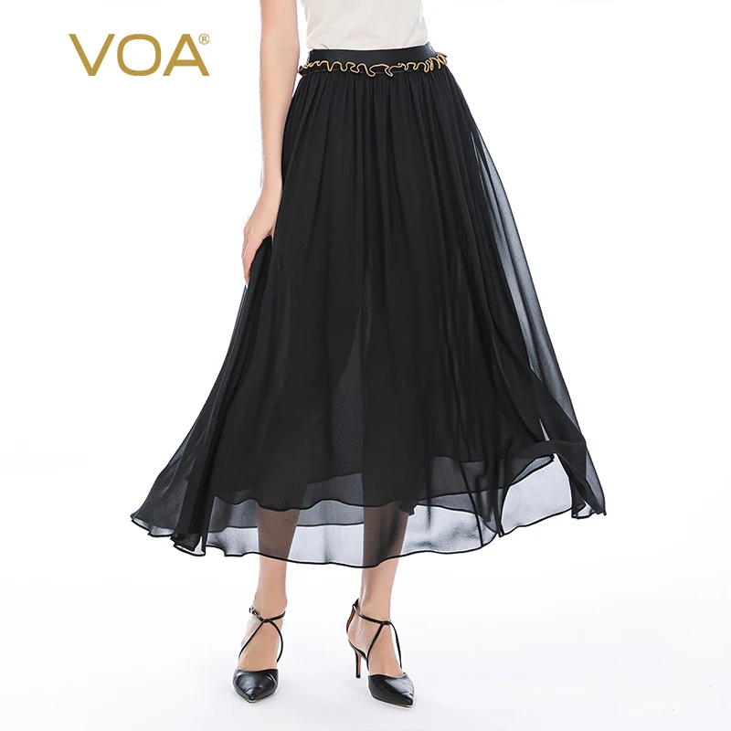 VOA Double Silk Chiffon Luxurious Golden Edible Tree Fungus Office Lady Black Skirt 2021 CE23 Elegant Pleated Woman Skirts