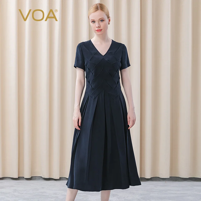 

VOA 30m/m Silk Navy Blue V-neck Scale Splicing Three Dimensional Decoration Pleated Hem Elegant Short Sleeve Long Dress AE558