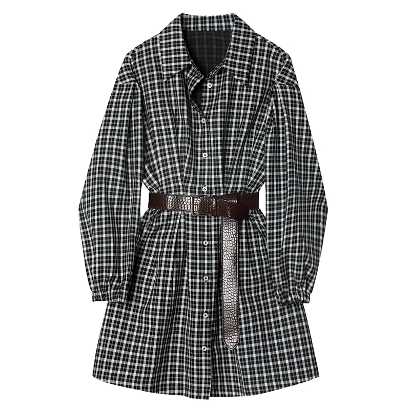 

Женское платье в клетку, Осеннее Новое приталенное платье в Корейском стиле, рубашка-юбка в студенческом стиле, свободное платье с рукавами-...