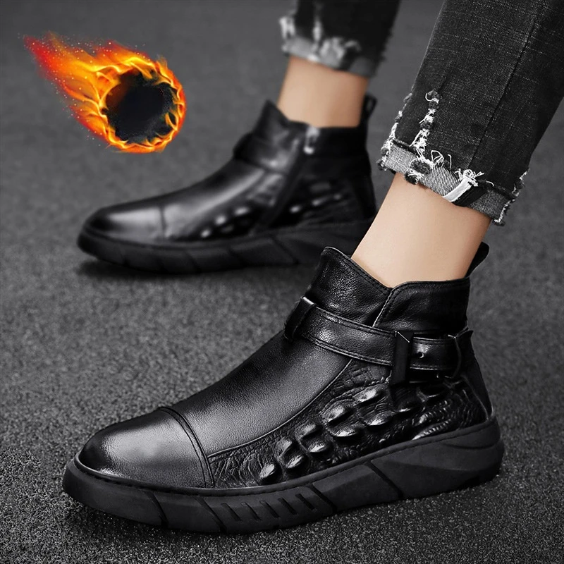 

British Winter Boots For Men Casual Shoes PU Leather Warm Chelsea Boots Plush Men's Ankle Booties Platform Black Martern Boots