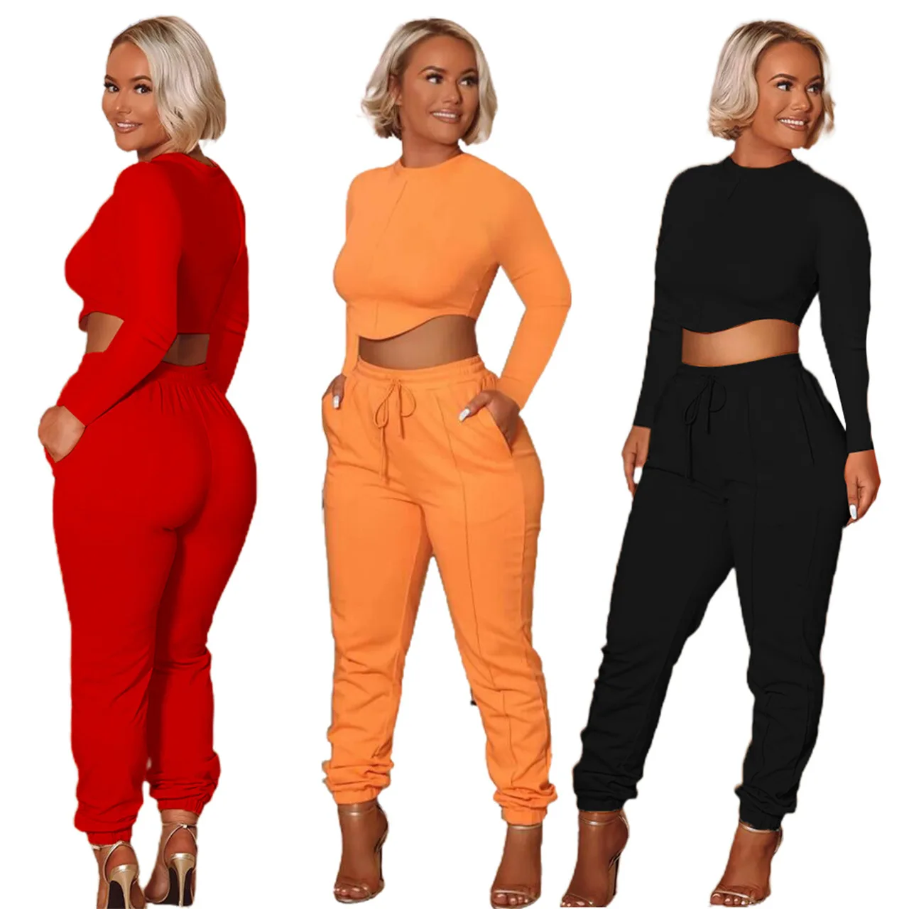 

2021 Fall European Women Clothes 3colors Ol Office Ladies Blouse with Bell Bottom Pants Two Piece 2 Piece Outfit